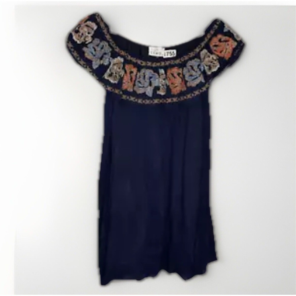 ETWO Tunic Dress Off The Shoulder Womens Size Large Navy Blue Floral Embroidery*